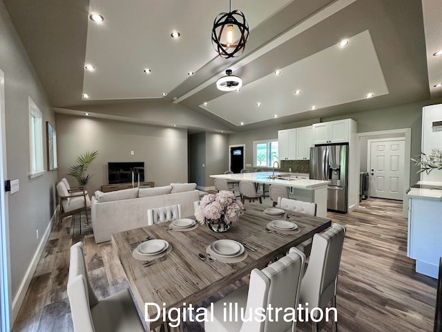 dining area featuring vaulted ceiling with beams, recessed lighting, wood finished floors, and baseboards