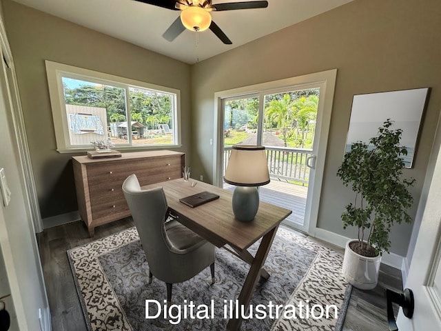 office with ceiling fan and wood-type flooring