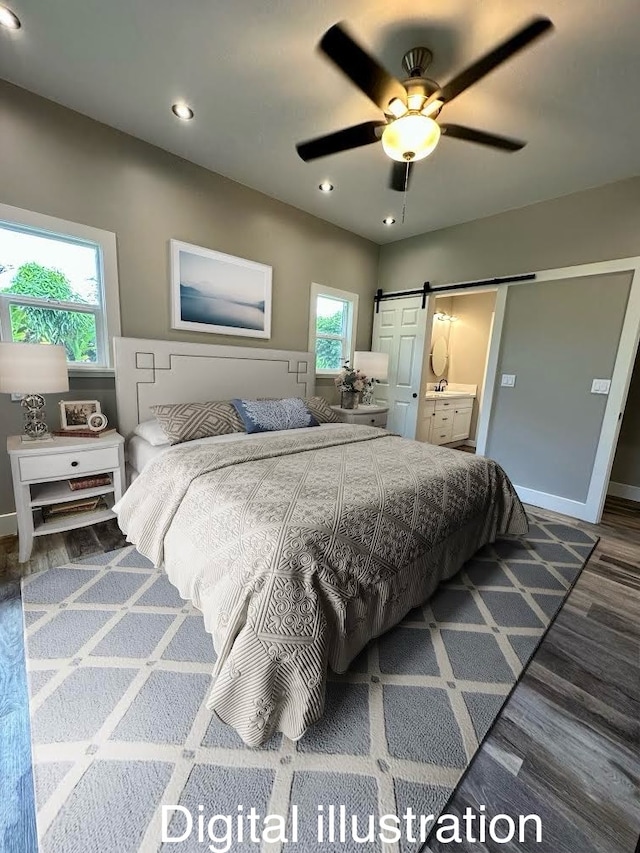 bedroom featuring a barn door, recessed lighting, dark wood-style flooring, a ceiling fan, and baseboards