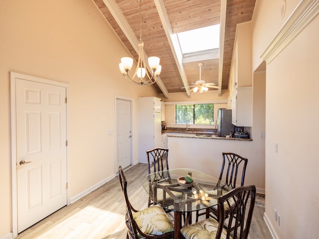 dining room with a skylight, light wood-type flooring, ceiling fan with notable chandelier, wood ceiling, and beam ceiling