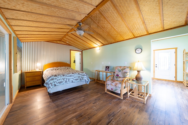 bedroom featuring wood ceiling, vaulted ceiling, dark hardwood / wood-style flooring, and ceiling fan