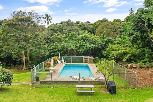 view of pool featuring a grill and a yard