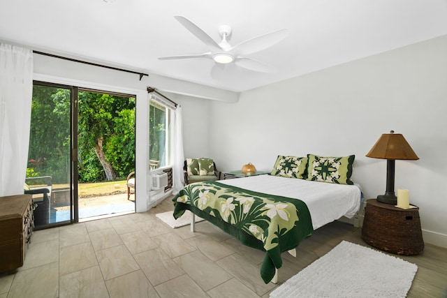 bedroom featuring cooling unit, ceiling fan, and access to outside