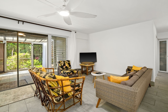 living room featuring ceiling fan