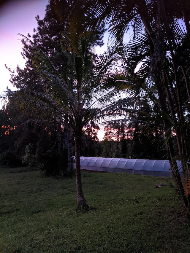 yard at dusk featuring a yard