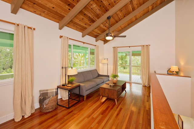 living room with wood-type flooring, wood ceiling, ceiling fan, beamed ceiling, and high vaulted ceiling