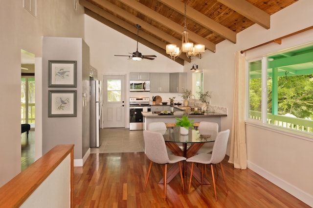 dining room featuring hardwood / wood-style flooring, beam ceiling, ceiling fan with notable chandelier, wooden ceiling, and high vaulted ceiling