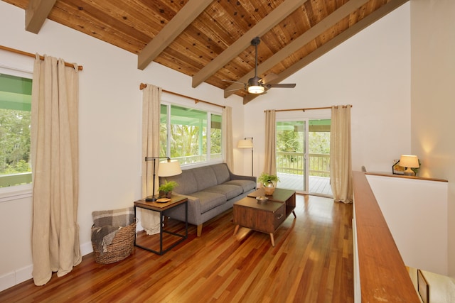 living area with beamed ceiling, wood finished floors, a ceiling fan, wooden ceiling, and baseboards