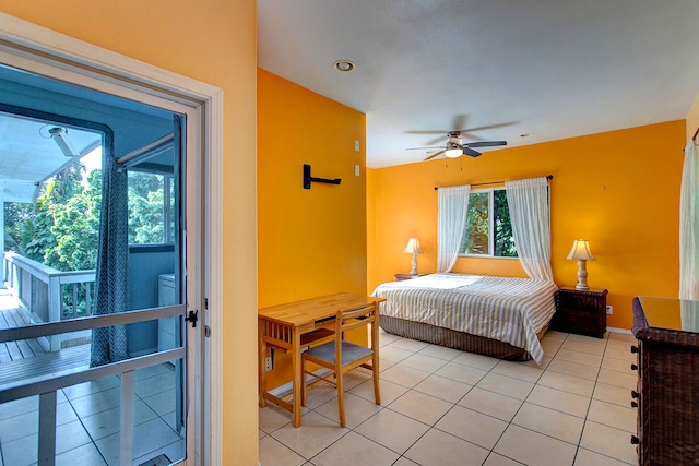 bedroom with light tile patterned flooring and ceiling fan