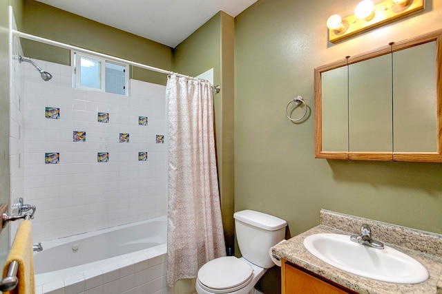 full bathroom featuring vanity, toilet, and shower / bathtub combination with curtain