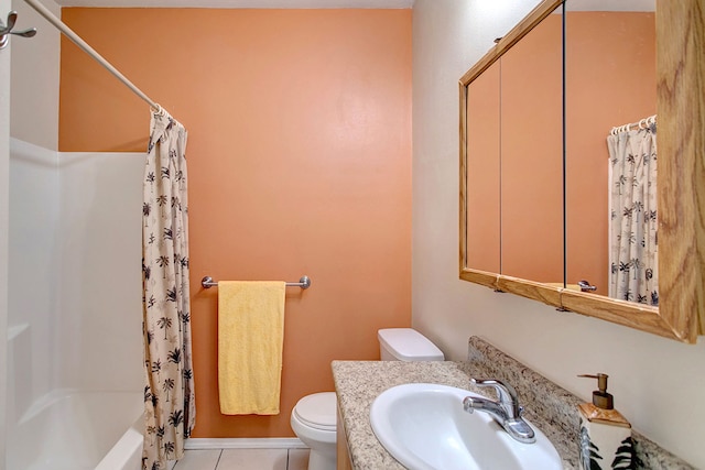 full bathroom featuring vanity, toilet, shower / bath combination with curtain, and tile patterned flooring