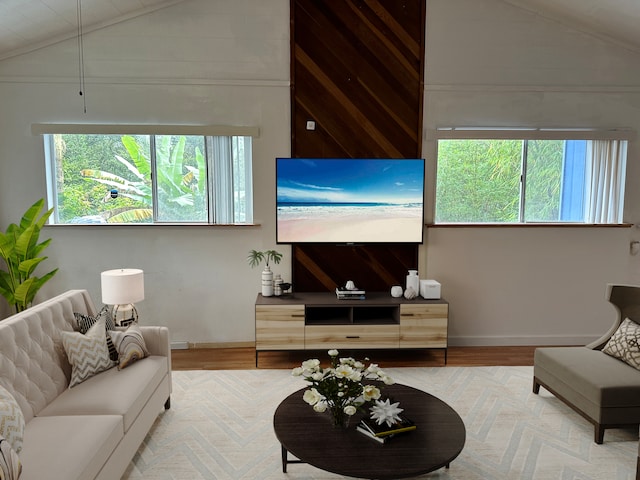 living room featuring a healthy amount of sunlight, vaulted ceiling, and wood-type flooring