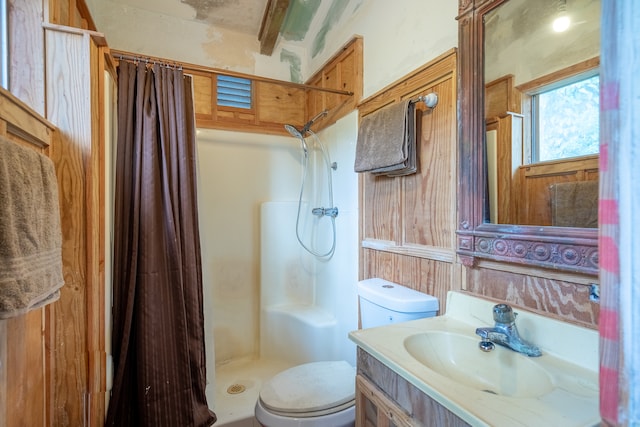 bathroom featuring vanity, toilet, and walk in shower