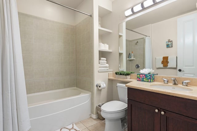 full bathroom featuring tile patterned flooring, shower / bath combo, vanity, and toilet