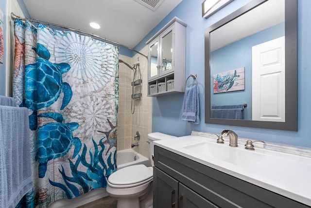 full bathroom featuring vanity, toilet, and shower / bathtub combination with curtain