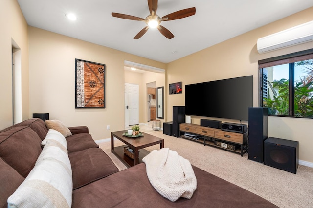 carpeted living room featuring a wall mounted air conditioner and ceiling fan