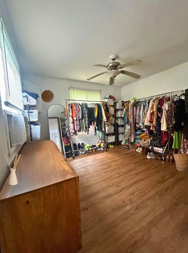 spacious closet featuring hardwood / wood-style flooring and ceiling fan