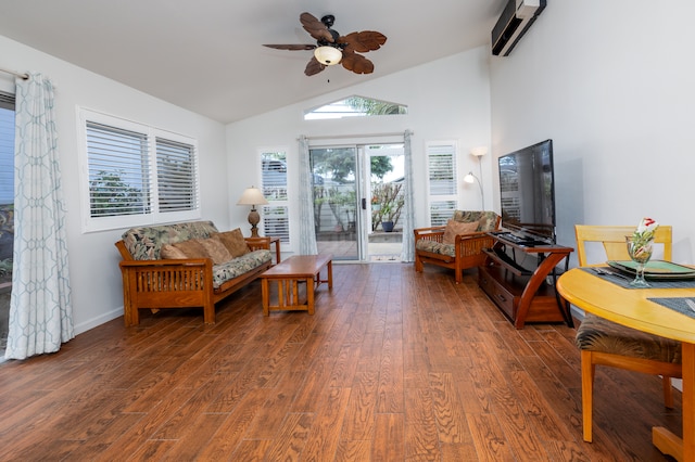 living room featuring ceiling fan, a wall unit AC, vaulted ceiling, and dark hardwood / wood-style flooring