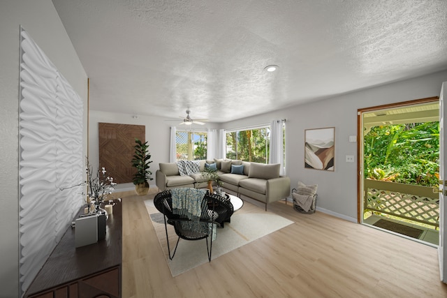 living room featuring light hardwood / wood-style floors, ceiling fan, and a textured ceiling