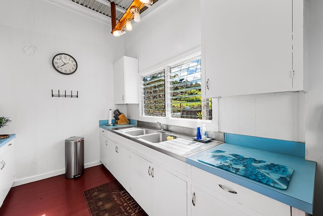 kitchen with white cabinetry, sink, and dark wood-type flooring