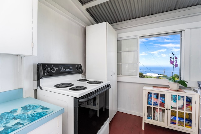 kitchen with white cabinetry, electric stove, and dark wood-type flooring