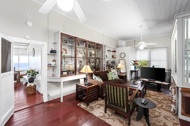 office area featuring wood-type flooring, ceiling fan, and ornamental molding