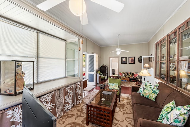 living room with ceiling fan, light hardwood / wood-style floors, and crown molding