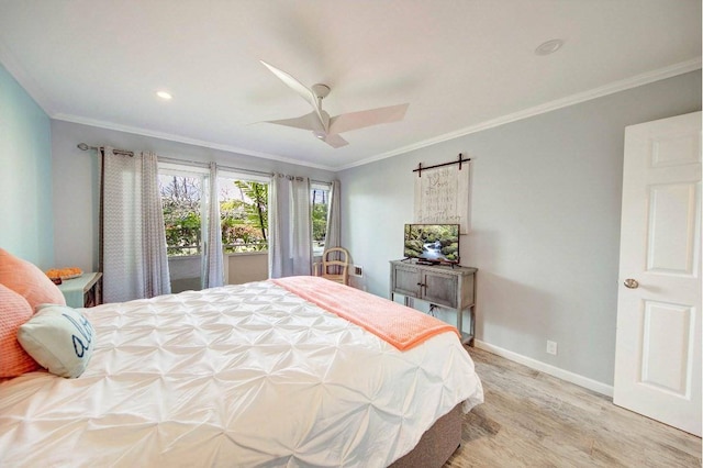 bedroom with light wood-type flooring, ceiling fan, access to exterior, and ornamental molding