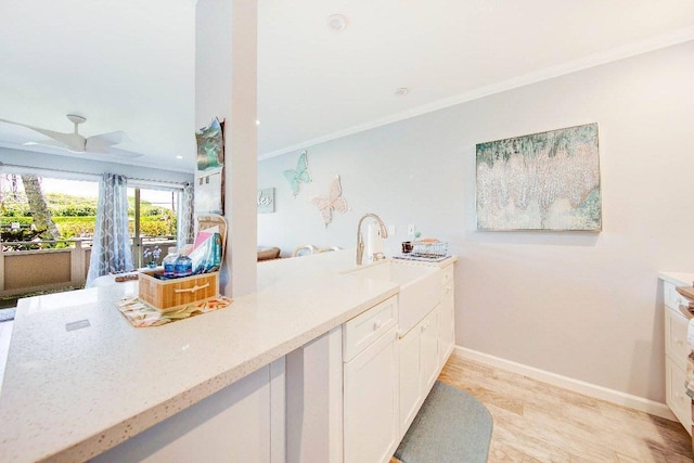 kitchen featuring light hardwood / wood-style flooring, white cabinetry, sink, ceiling fan, and ornamental molding