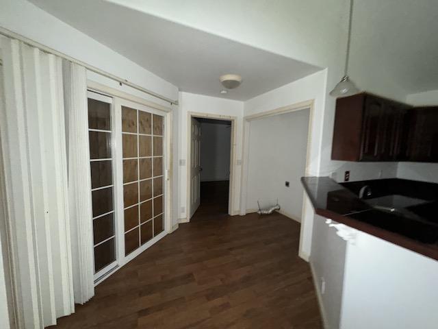 kitchen with dark brown cabinetry and dark wood-type flooring