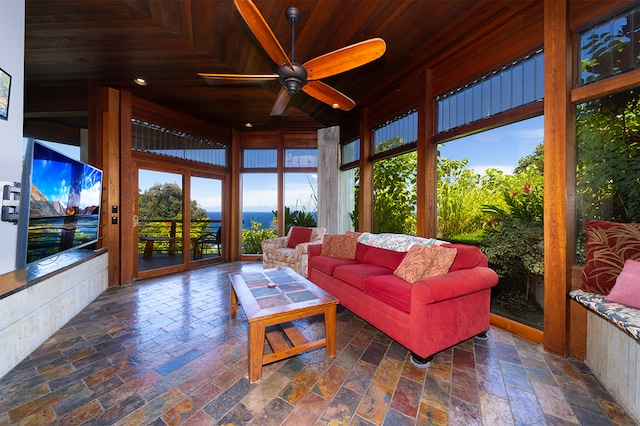 sunroom / solarium featuring ceiling fan and wooden ceiling