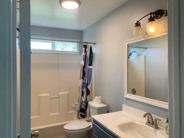 full bathroom featuring vanity, toilet, and shower / tub combo with curtain