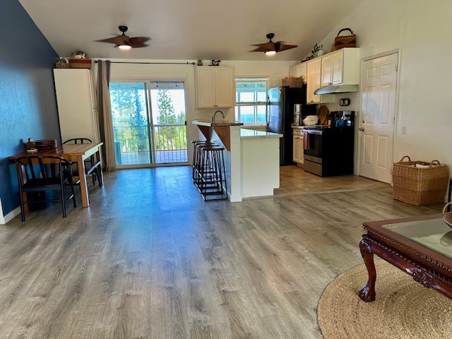 kitchen with ceiling fan, white cabinetry, stainless steel range with electric cooktop, and light hardwood / wood-style flooring