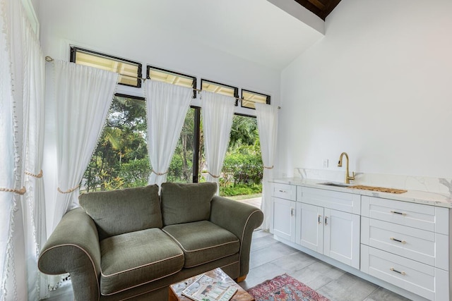 living room featuring lofted ceiling, a healthy amount of sunlight, and sink