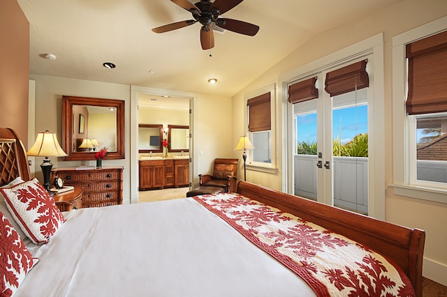 bedroom featuring ceiling fan, lofted ceiling, french doors, access to exterior, and ensuite bathroom