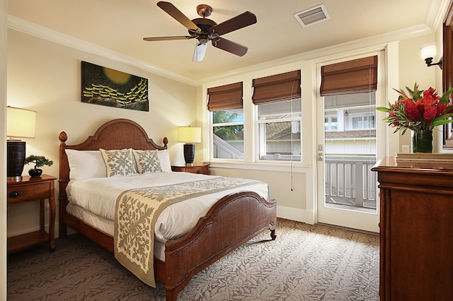 bedroom with ceiling fan, ornamental molding, and access to outside