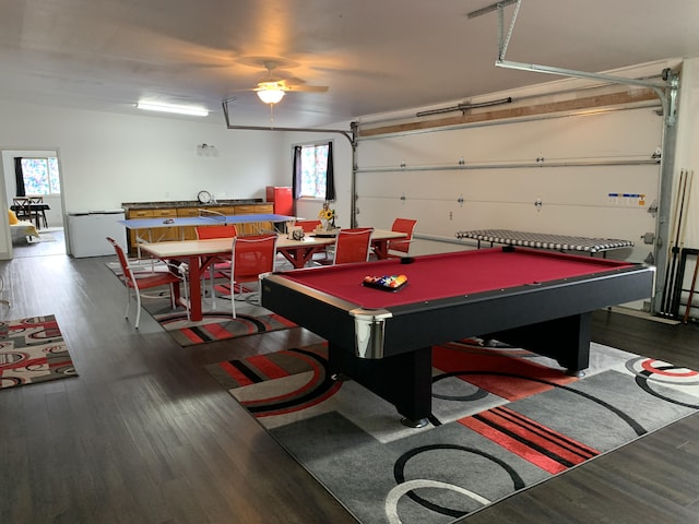 game room featuring ceiling fan, dark wood-type flooring, and pool table