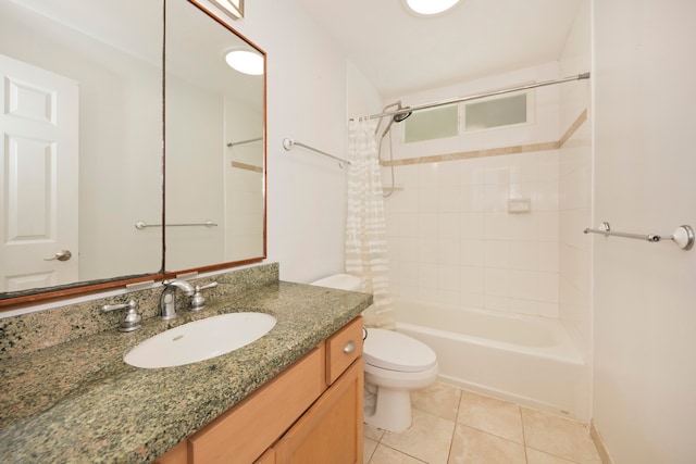 full bathroom featuring shower / tub combo with curtain, tile patterned floors, vanity, and toilet