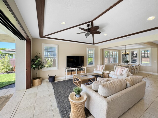 tiled living room featuring ceiling fan