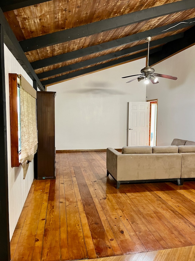 unfurnished living room featuring wood ceiling, light hardwood / wood-style floors, lofted ceiling with beams, and ceiling fan