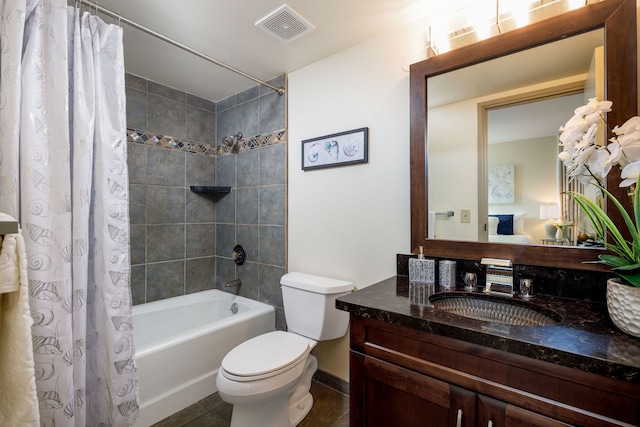 full bathroom with vanity, tile patterned flooring, toilet, and shower / bathtub combination with curtain