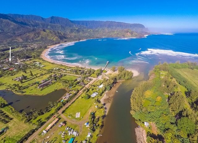 drone / aerial view featuring a water and mountain view