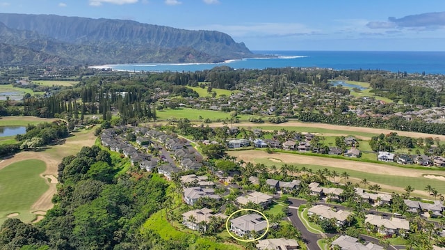 bird's eye view featuring a water and mountain view