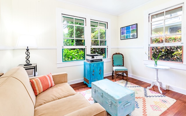 sitting room featuring wood-type flooring, ornamental molding, and plenty of natural light