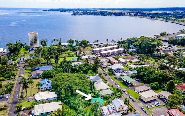 aerial view featuring a water view