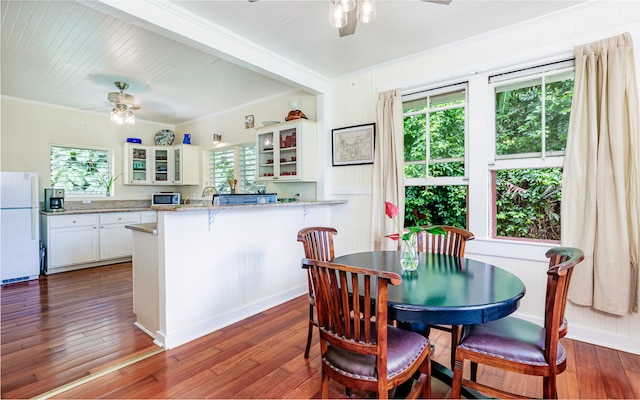 dining room featuring ceiling fan, dark hardwood / wood-style floors, sink, and crown molding