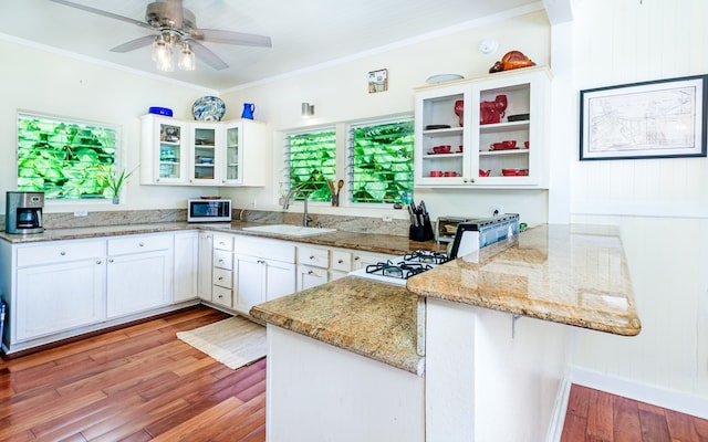 kitchen featuring light stone counters, white cabinets, kitchen peninsula, ceiling fan, and sink