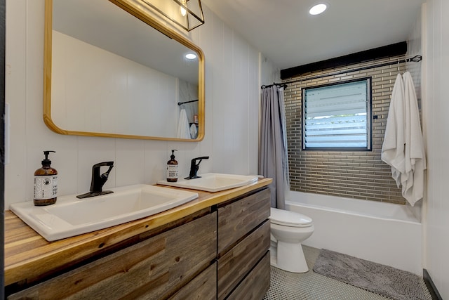 full bathroom featuring vanity, toilet, tasteful backsplash, shower / bathtub combination with curtain, and tile patterned flooring