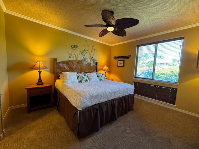 bedroom featuring ceiling fan, baseboards, carpet, and ornamental molding