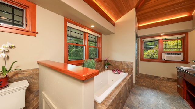 bathroom with vanity, lofted ceiling, cooling unit, a relaxing tiled tub, and wood ceiling